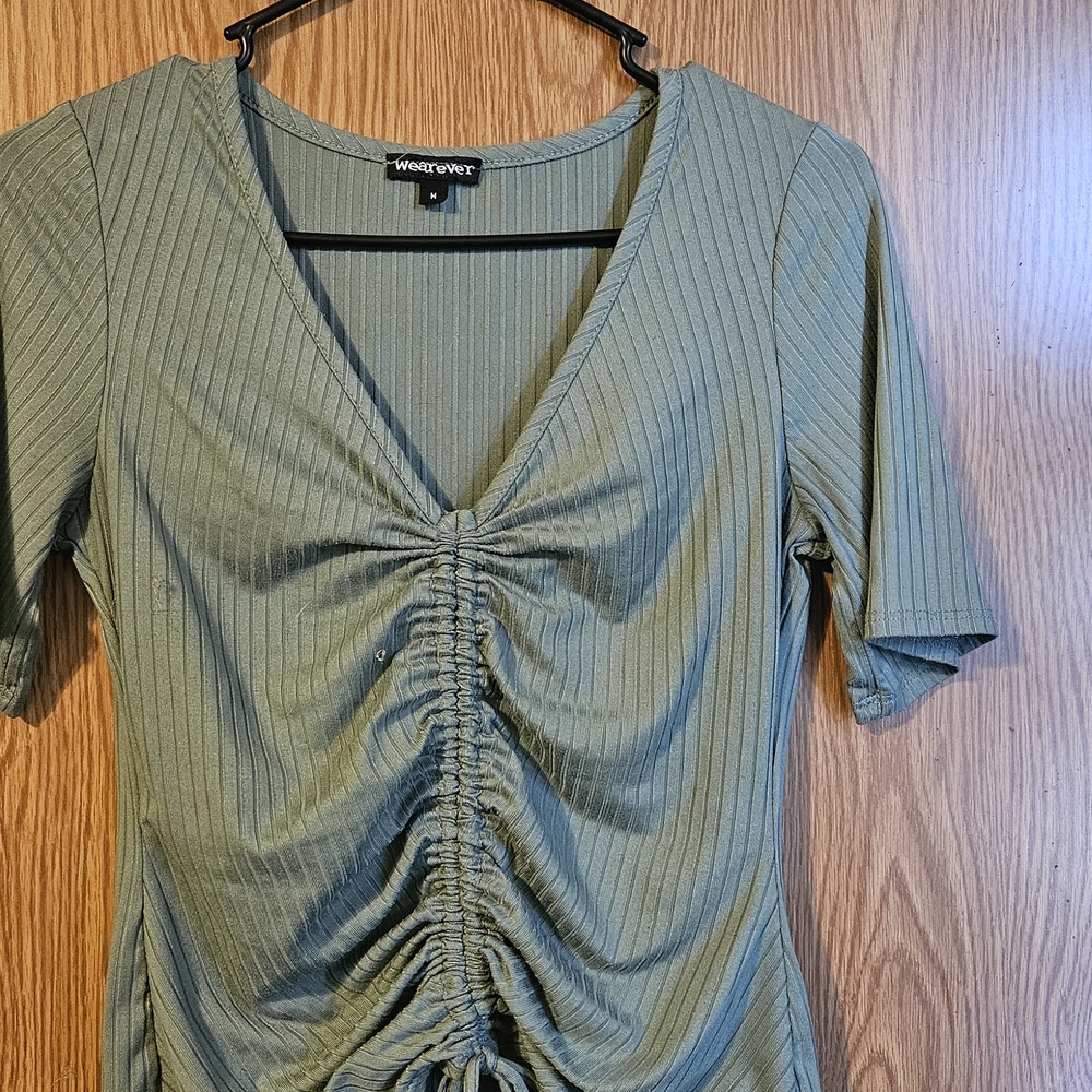 Windsor Olive Gathered V-Neck Blouse